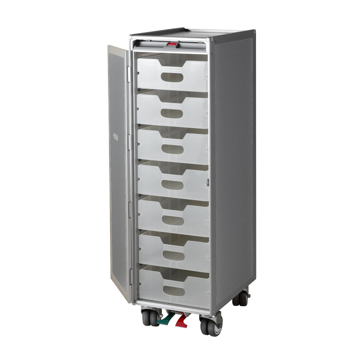 Flugzeugtrolley Basic in Aluminium, geöffnet mit 7 Kunststoffschubladen – Half-Size-Bordwagen nach ATLAS-Norm (Aluminium)